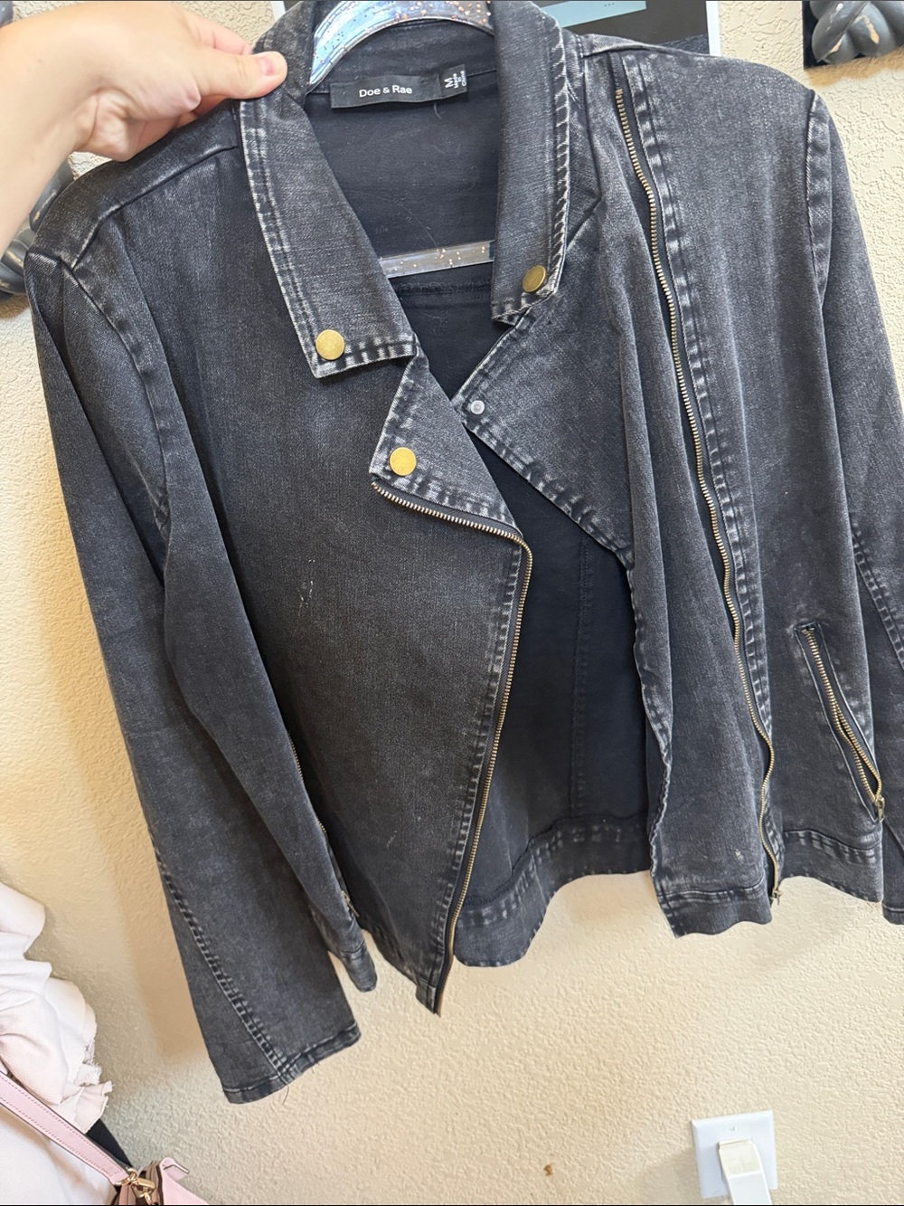Doe & Rae Washed Black Denim Moto Jacket with Brass Hardware